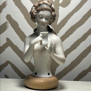 Elegant Porcelain Bust Pin Cushion Doll with Brown and Cream Accents